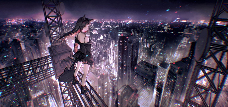 city lights, boots, looking away, 1080P, black hair, red eyes, anime girls, multicolored hair, cat ears, night, barrette, guitar, skirt, city, necklace