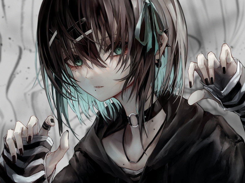 black suit, earring, looking at viewer, necklace, brunette, ribbons, anime, multicolored hair, piercing, 4K, anime girls, barrette, black nails, green