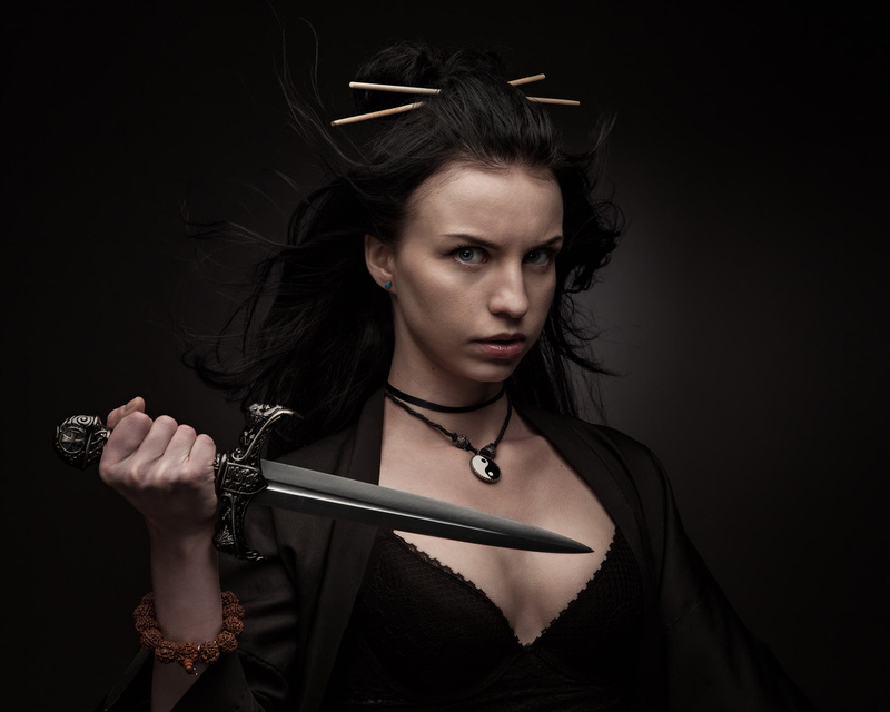 women, young women, evil, black background, adult, headshot, 720P, hairstyle, black color, studio shot, holding, sword, dark, beautiful woman, young adult