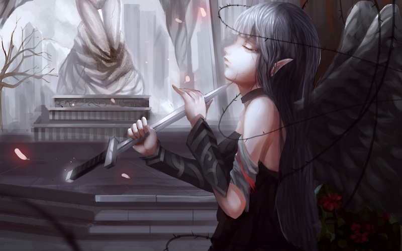 fantasy art, wings, dagger, artwork, 1080P