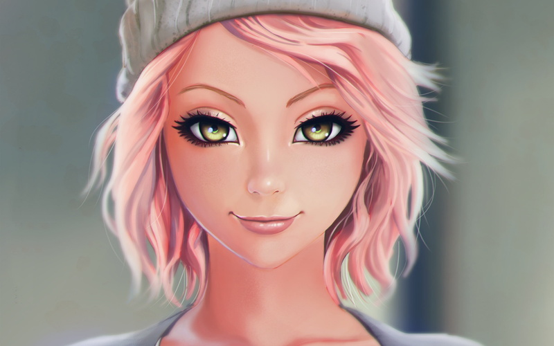 Haired, Pink, Hat, Beautiful, Girl, Fantasy, Smile, 2K