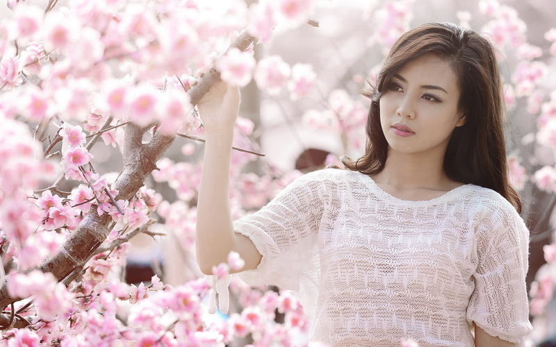 1080P, Girl, Flowers, Asian, White, Pink, Cherry, Clothes