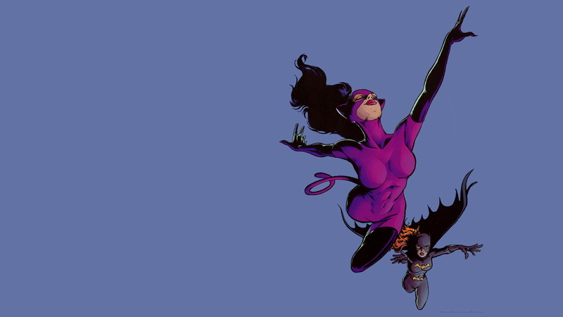 DC Comics, violet, 1080P, blue background, Batgirl, comics, illustration, Catwoman