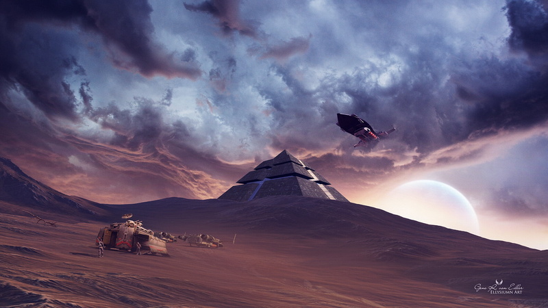 sand, people, station, desert, Genes Raz von Edler, ships, the atmosphere, 1080P, dunes, art, starships, logo, planet, base, research, pyramid, The explorers