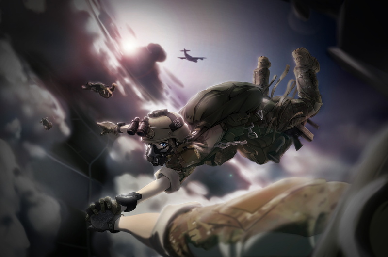 low angle view, architecture, military, cloud - sky, day, sky, male likeness, representation, bird, nature, TC1995, creativity, selective focus, anime girls