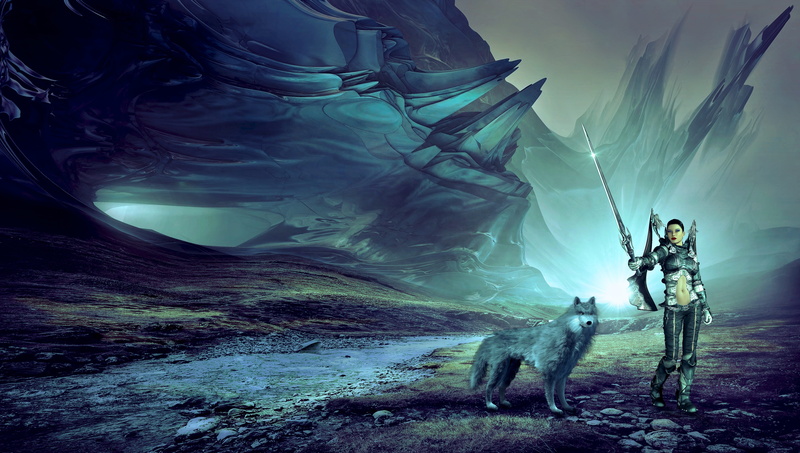 light, fairytale, travel, amazone, rock, river, land, sword, outdoors, gray, fantasy, cave, game, nature, romantic, green, two people, mysticism, gray wolf