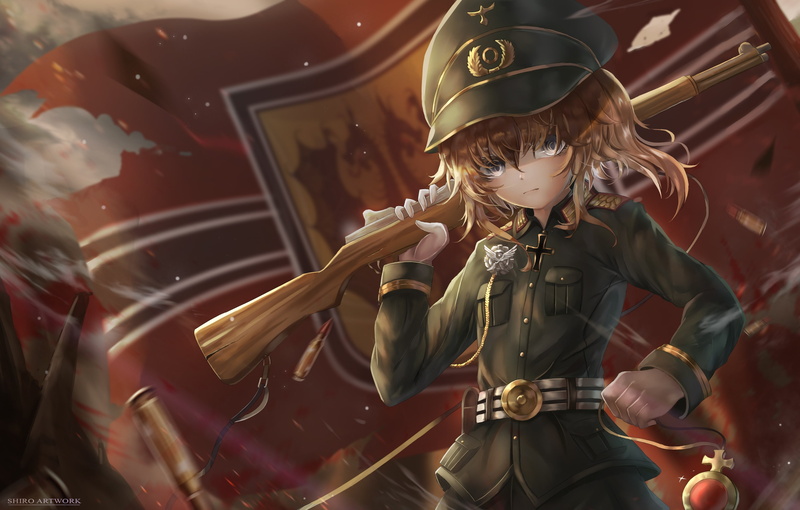 Anime, military uniform, child, childhood, three quarter length, front view, girls, leisure activity, transportation, rifle, real people, car, women, mode of transportation