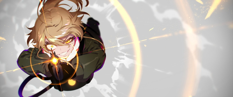 sunlight, yandere, no people, gun, glowing, technology, youjo senki, day, close-up, Anime, degurechaff tanya, lens flare, indoors, sky, nature, multi colored