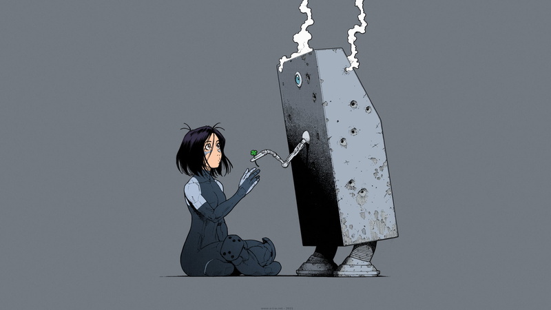 Yukito Kishiro, manga, sitting, short hair, anime, robot, cyborg, smoke, anime girls, Alita, 1080P, Gally, Battle Angel Alita, Alita: Battle Angel