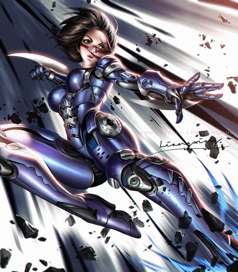 low-angle, Alita, fighting, weapon, Liang-Xing, face paint, short hair, Alita: Battle Angel, androids, 720P, drawing, blades