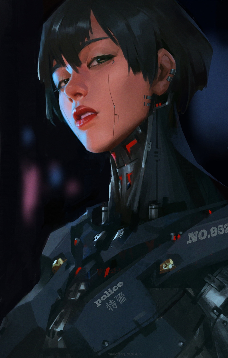 open mouth, 2K, video game art, Mario Feng, short hair, portrait display, ArtStation, drawing, digital painting, looking at viewer, cyberpunk, digital art