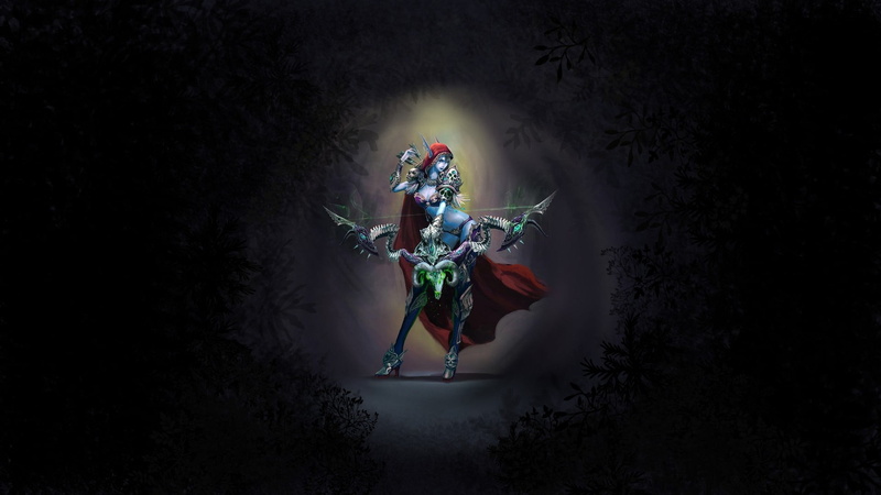 World of Warcraft, fantasy girl, Sylvanas Windrunner, sport, motion, full length, dress, indoors, black background, illuminated, 1080P, adult, young adult