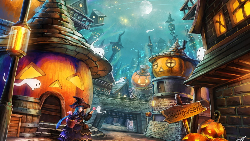 4K, halloween art, pumpkin house, halloween, anime art, anime witch, pumpkin, artworks