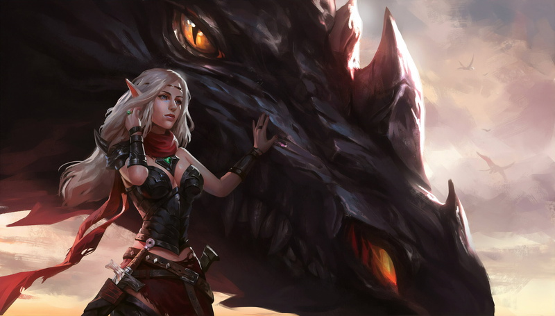 4K, Dragon, Girl, Woman Warrior, Fantasy, Elf, Blonde, Women Warrior, Pointed Ears