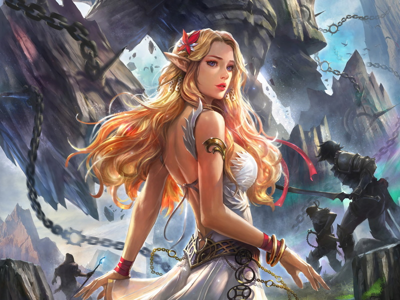 1080P, Blonde, Girl, Fantasy, Pointed Ears, Women, Elf, Chain, Purple Eyes, Woman