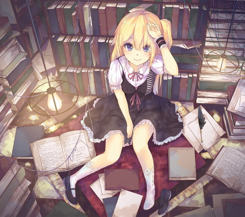 haired, anime, blue eyes, chair, one person, library, socks, yellow, female, anime girls, lifestyles, casual clothing, books, seat, table, sitting