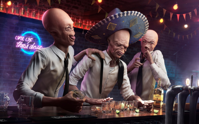 hat, smiling, real people, happiness, leisure activity, food and drink, neon lights, men, group of people, adult, aliens, lifestyles, CG, young men, friendship