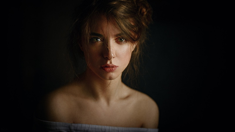 headshot, black background, hairstyle, Georgy Chernyadyev, dark, model, human face, looking at camera, face, front view, beauty, young adult, contemplation