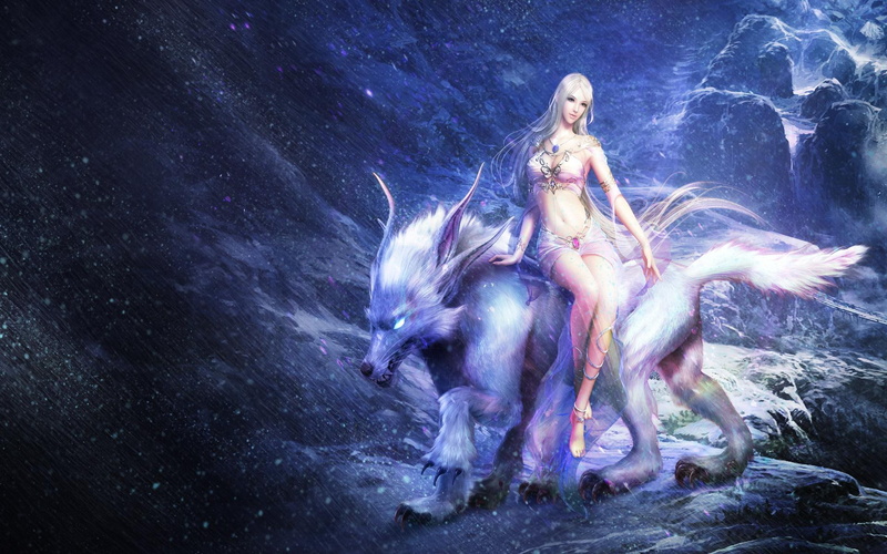 1080P, wolf, video games, snow, animal, exiled, long hair, games, princess, glowing eyes, moon, forsaken world, priestess, raina, beast