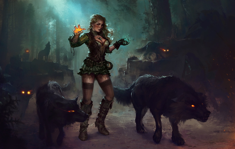 4K, blonde, night, witch, forest, art, dress, magic, MAG, wolves, girl