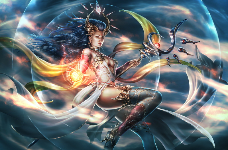 lana solaris, MAG, art, chest, fiction, 4K, magic, feet, girl, hair, staff