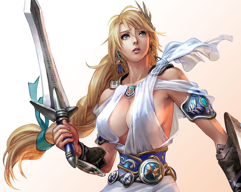 art, calibur, games, 720P, sophitia, Dress, artwork, blondes, hd, tears, cleavage, x, swords, belts, soul, video