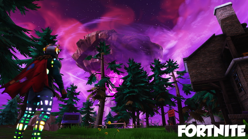 sky, architecture, building exterior, no people, 1080P, illuminated, decoration, built structure, growth, purple, plant, Fortnite, tree, Video Game Art