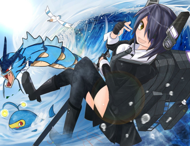 eyes, wingull, eyepatch, gloves, water, gyarados, boots, lanturn, crossover, yellow, 720P, tie, thighhighs, short, hair, sword, pokemon, skirt, weapon