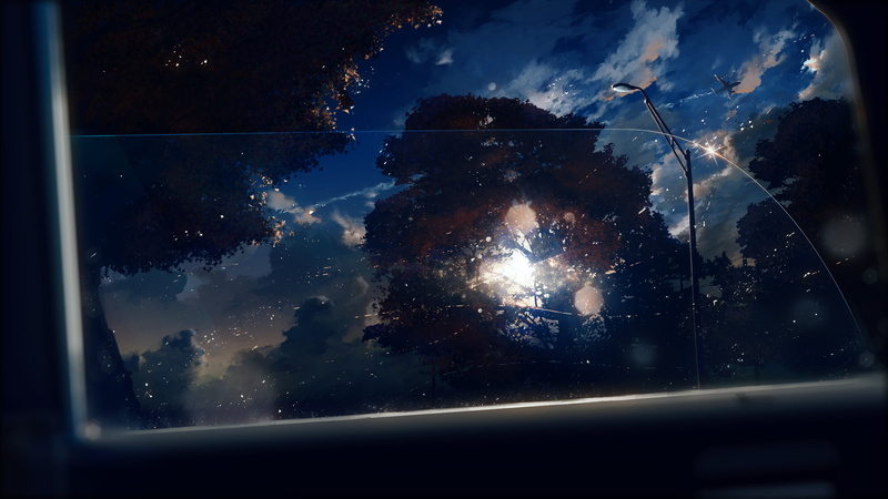 beauty in nature, 2K, car, transparent, transportation, cloud - sky, window, water, reflection, vehicle interior, astronomy, glass - material, trees, anime