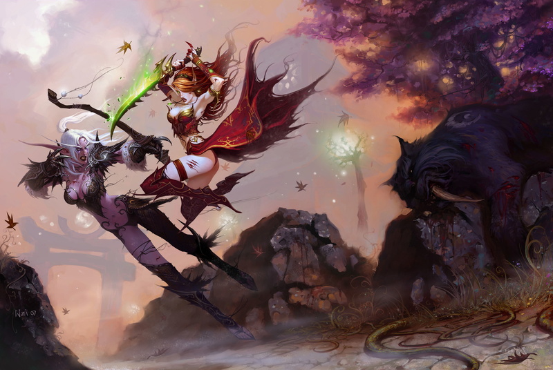 the blood elf, girl, WarCraft, hunter, no people, animal, backgrounds, multi Colored, marine, tiger, fantasy, Archer, autumn, plant part, pond, abstract