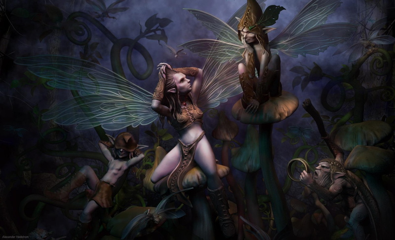 3d and abstract, forest, brown, night, illustration, 1080P, elfs, toadstalls, white, fairy, fantasy