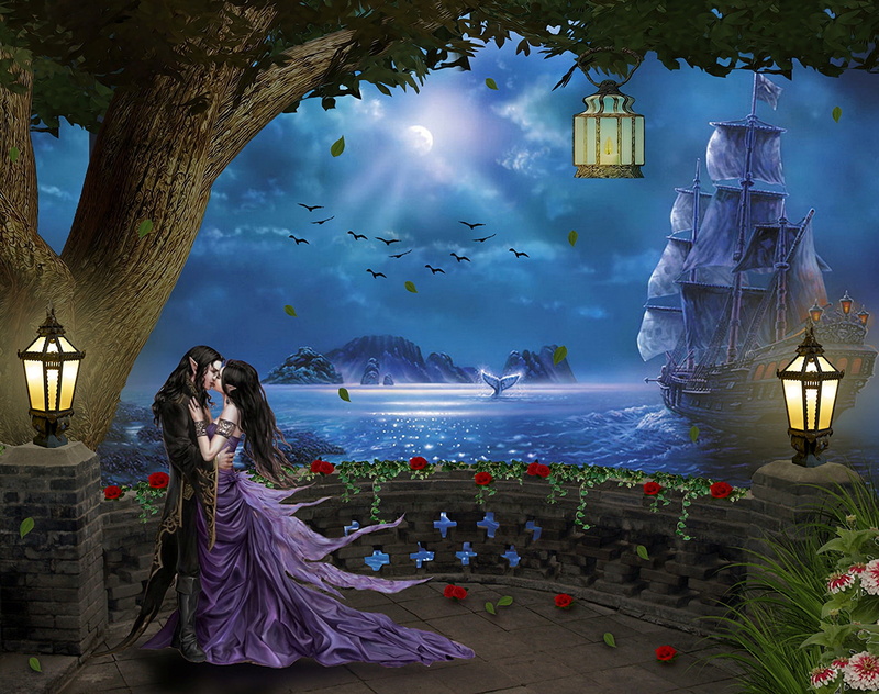 Tree, adult, Dancing, Flower, celebration, sky, illuminated, Lantern, Fantasy, two people, land, Elf, couple - relationship, Couple, lighting equipment