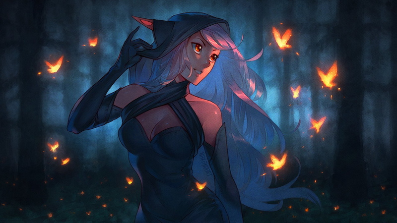 Elf, Night, Red Eyes, warning sign, Pointed Ears, illuminated, emotion, 1080P, witch, Butterfly, fire - natural phenomenon, glowing, evil, hairstyle, hair