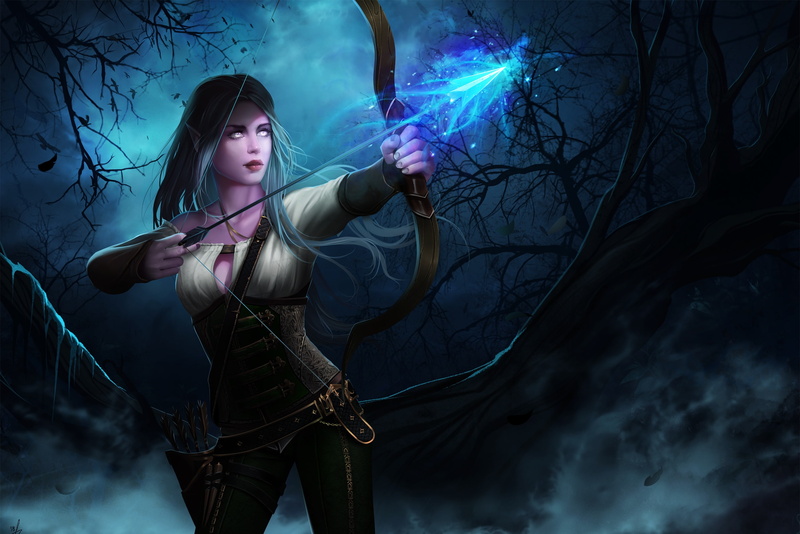 blue, hair, long, night, girl, bow, archer, 1080P, world, warcraft, elf, arrow