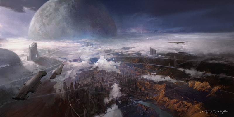 ArtStation, science fiction, clouds, 1080P, artwork, futuristic, planet, landscape, aerial view, Mazert Young, futuristic city, sky