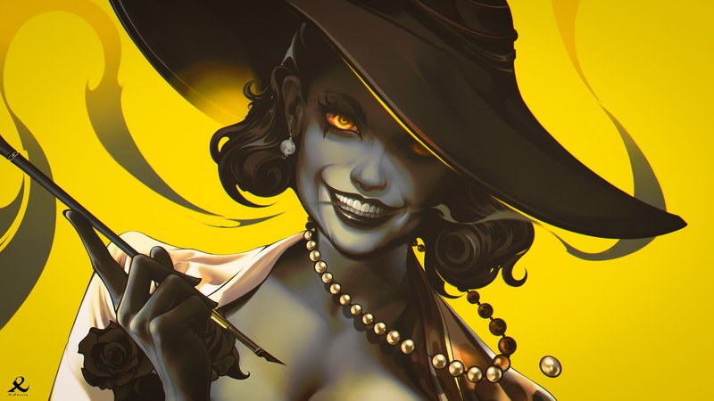 artwork, lady dimitrescu, video games girls, smoking, smoke, Resident Evil 8: Village, hat, yellow eyes, fan art, teeth, illustration, Resident Evil, smiling