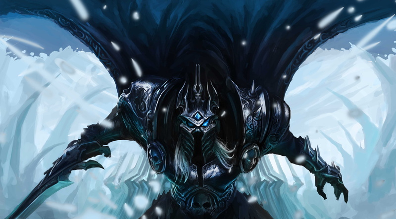 fantasy art, Warcraft, armor, long hair, Lich King, white hair, helmet, glowing eyes, blue eyes, Chenbo, sword, snow, 4K, crown, World of Warcraft, weapon