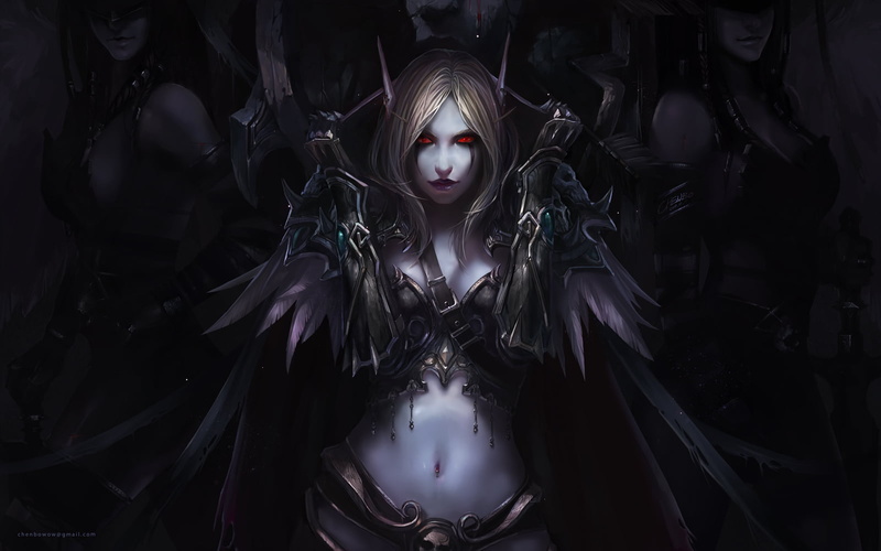blonde, elves, Chenbo, pointed ears, cloaks, sword, belt, weapon, navels, fantasy girl, dark elf, cleavage, red eyes, Sylvanas Windrunner, fantasy art