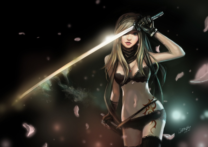 chenbo, blonde, petals, illustration, tattoo, sword, holding, navel, signed, weapon, katana, hair, eyes, original, realistic, girl, blue, 4K