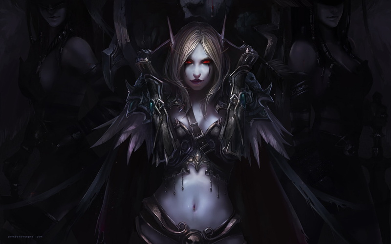 720P, windrunner, chenbo, hd, x, games, art, fantasy art, long, eyes, sylvanas, armor, fantasy, red, ears, abstract, artwork
