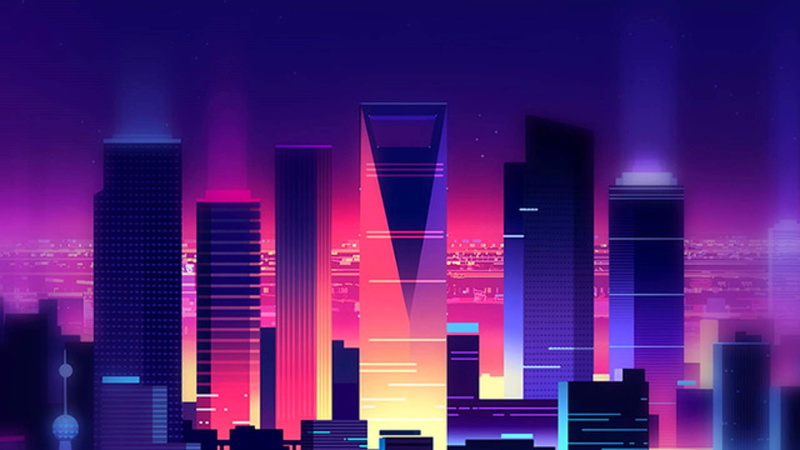 glass - material, financial district, skyscraper, built structure, purple, neon, blue, 3,316 16:9 Aspect Ratio s (SFW), architecture, night, office building exterior