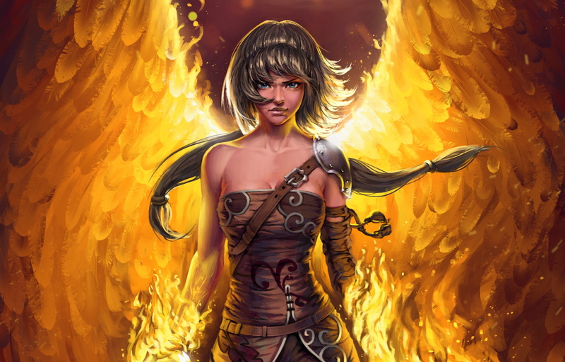 Crimson Sapphires, female warrior, fantasy girl, 2K, fantasy warrior, Misanthropy, phoenix, fantasy art, Born of the Phoenix, Destiny Reforged