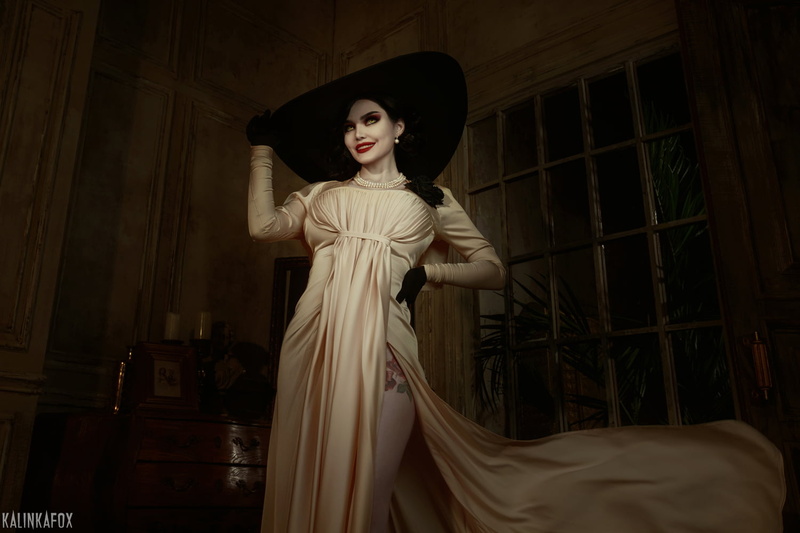 looking at the side, hat, white dress, hand on belly, women, Kalinka Fox, cosplay, gloves, women indoors, tattoo, looking away, white clothing, candles