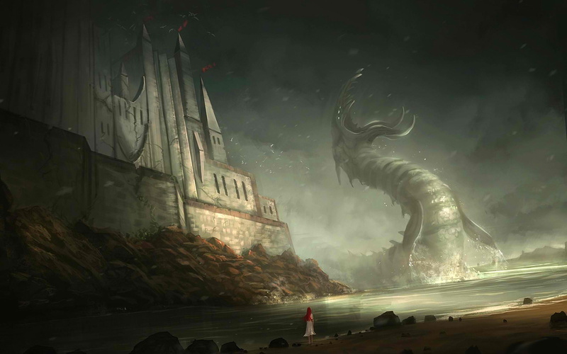 shore, giant, girl, 1080P, castle, redhead, hd, beach, fantasy, monster, drawing