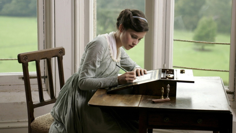 hairstyle, Felicity Jones, bench, 1080P, wood - material, mid adult, table, window, Northanger Abbey, young adult, actress, one person, side view, day