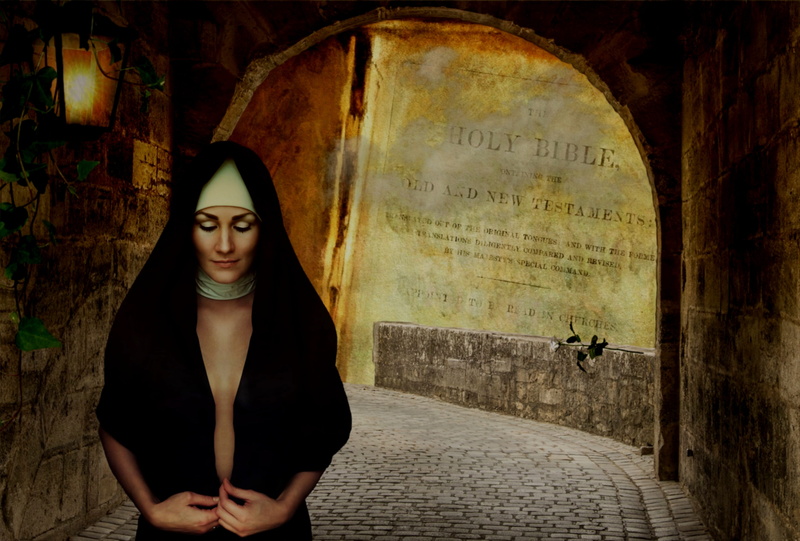 black, lantern, christianity, front view, dark, wearing, headdress, composing, inside, mood, nun, christian, young adult, symbol, three quarter length