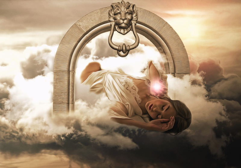 dream, young adult, doorknocker, smiling, beauty, outdoors, sleeping beauty, nature, beautiful woman, female, digital composite, dark dream, mystery, portal