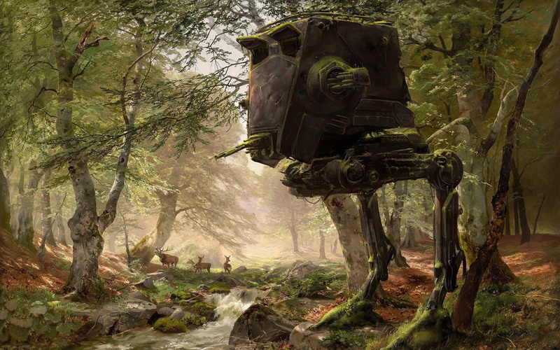 day, land, tree trunk, fantasy art, representation, male likeness, Star Wars, forest, painting, outdoors, human representation, creativity, nature, plant