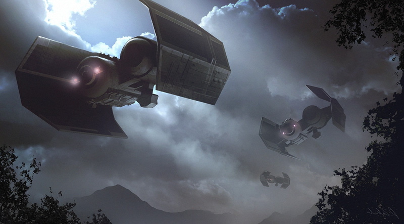 mid-air, flying, economy, outdoors, TIE Bomber, cloud - sky, digital composite, artwork, Darek Zabrocki, environment, Galactic Empire, tree, ominous, nature
