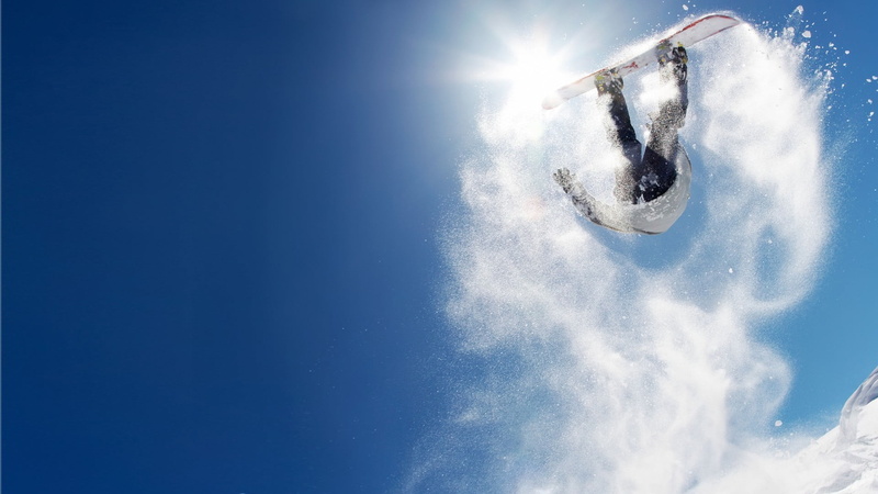 blue, 1080P, low angle view, extreme sports, motion, snowboarding, positive emotion, nature, sky, one person, cold temperature, mountain, skill, white